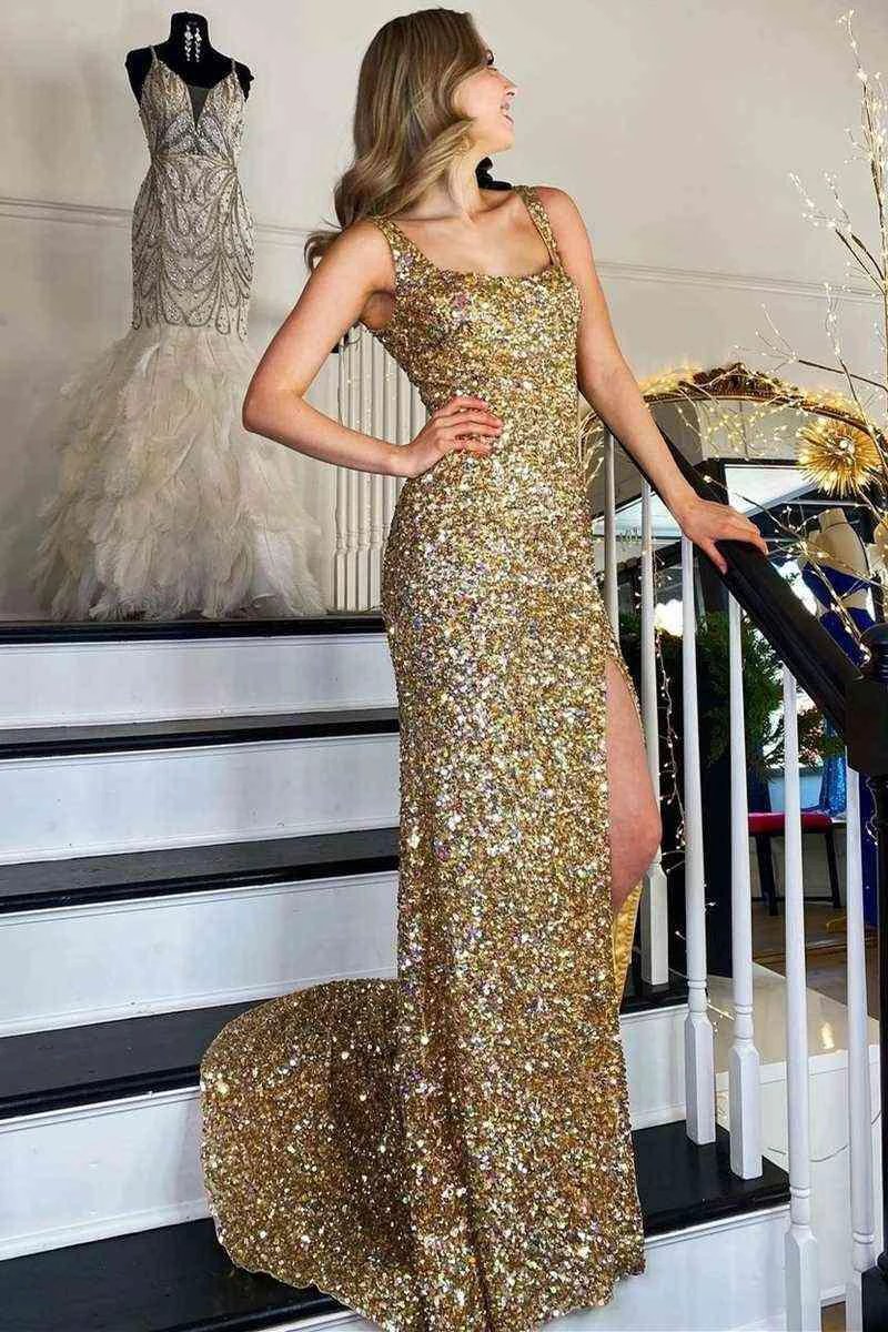 Square Neck Prom Dress With High Slit SYP149 by vivymakudress