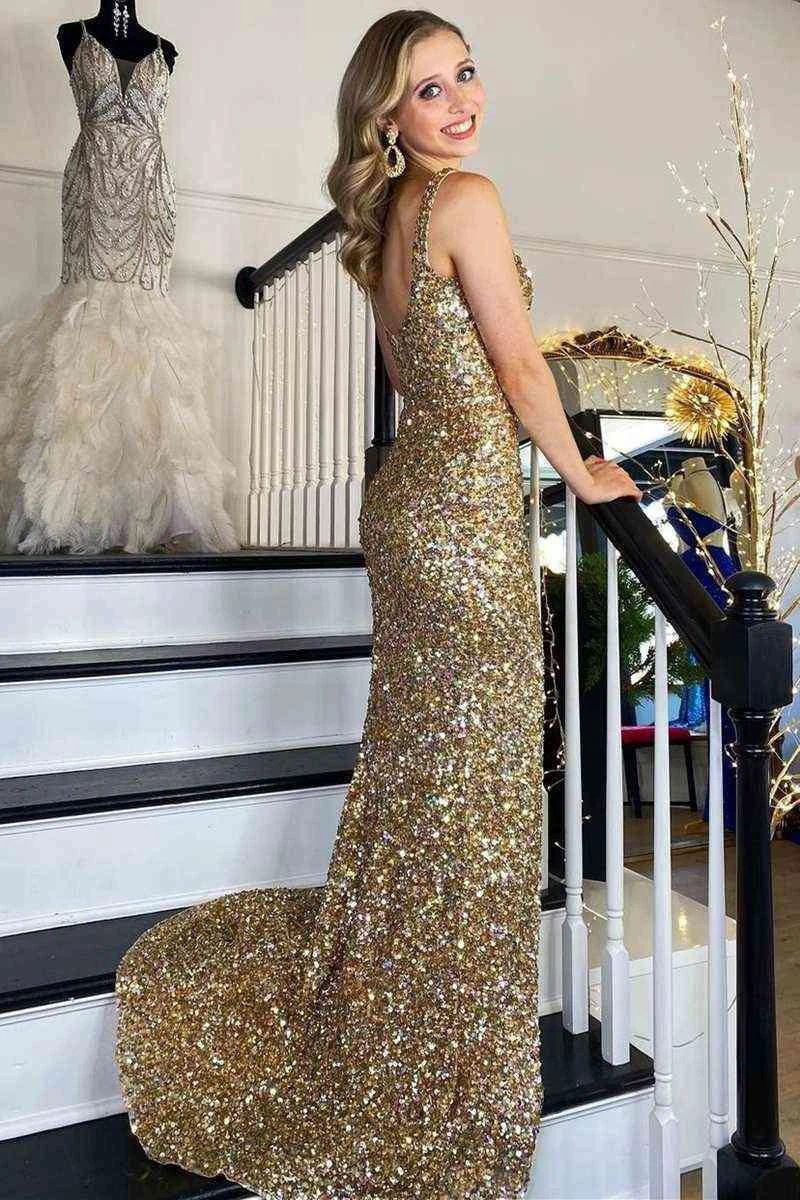 Square Neck Prom Dress With High Slit SYP149 by vivymakudress