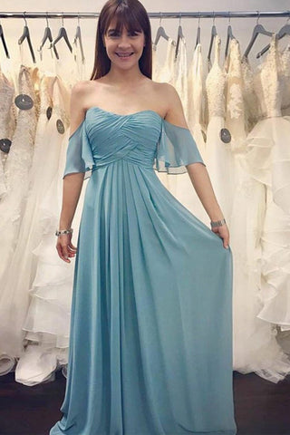 Langes, schulterfreies, gerüschtes blaues Chiffon-Brautjungfernkleid BD118