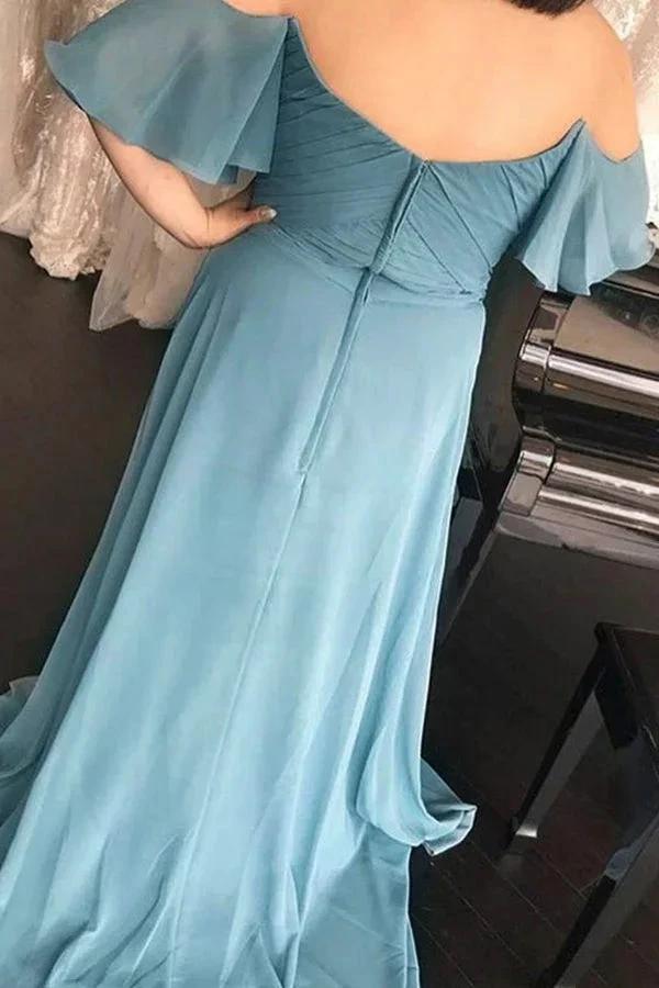 Long Off-the-Should Ruched Blue Chiffon Bridesmaid Dress BD118 by pgmdress