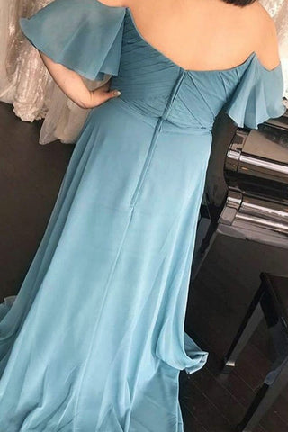 Langes, schulterfreies, gerüschtes blaues Chiffon-Brautjungfernkleid BD118