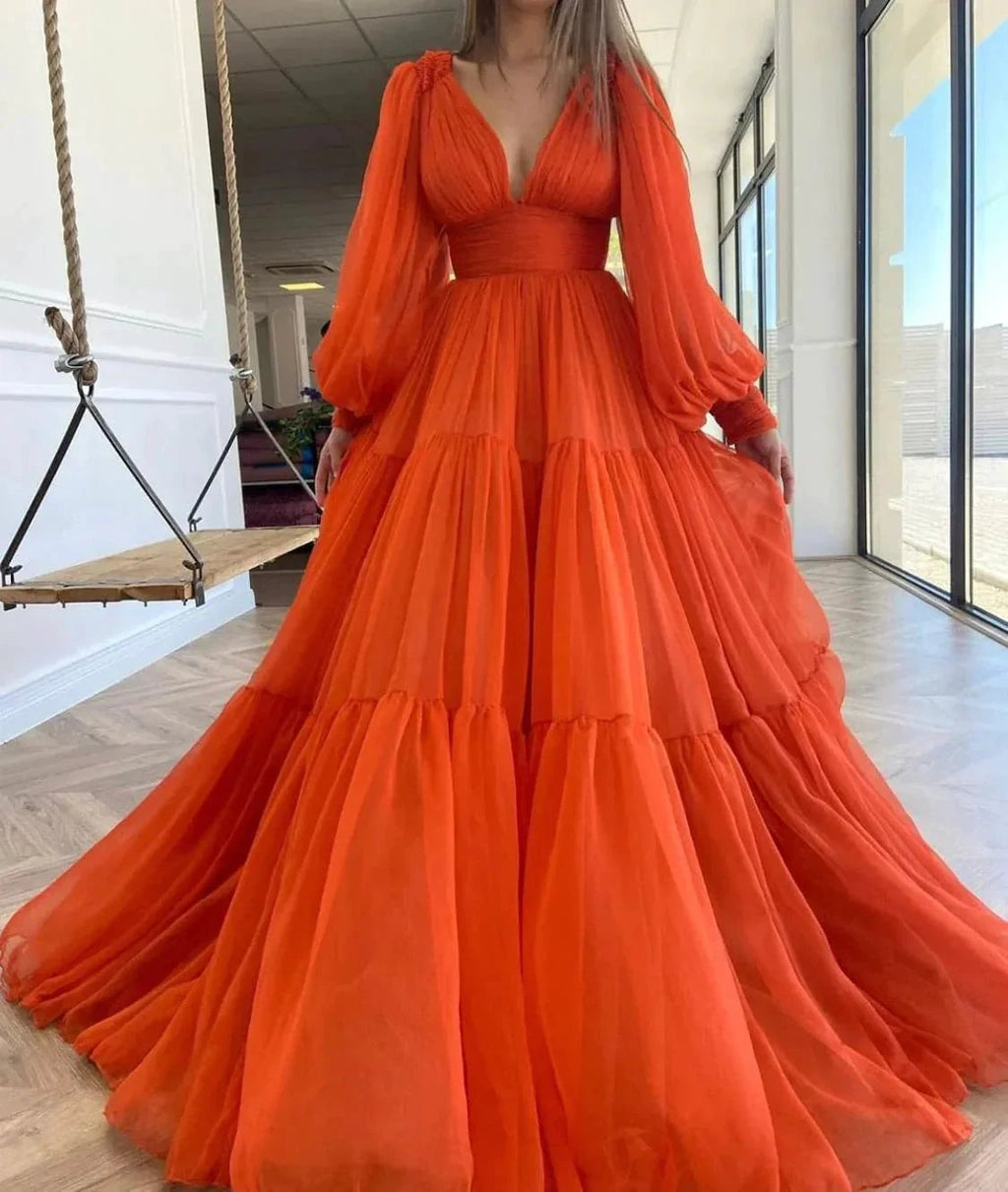 Long Prom Dress Puffy Sleeve Formal Gowns SYP25 by vivymakudress