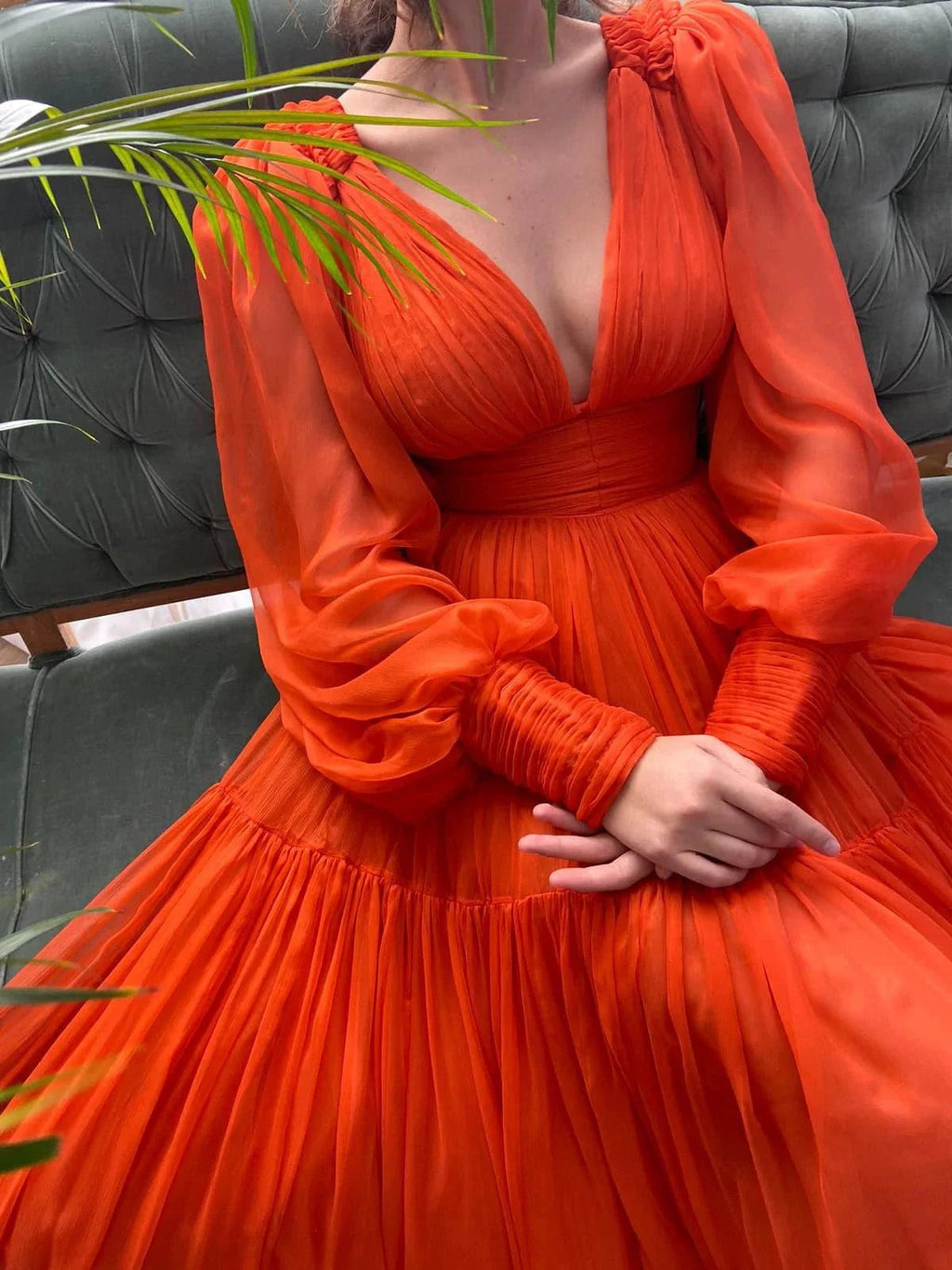 Long Prom Dress Puffy Sleeve Formal Gowns SYP25 by vivymakudress
