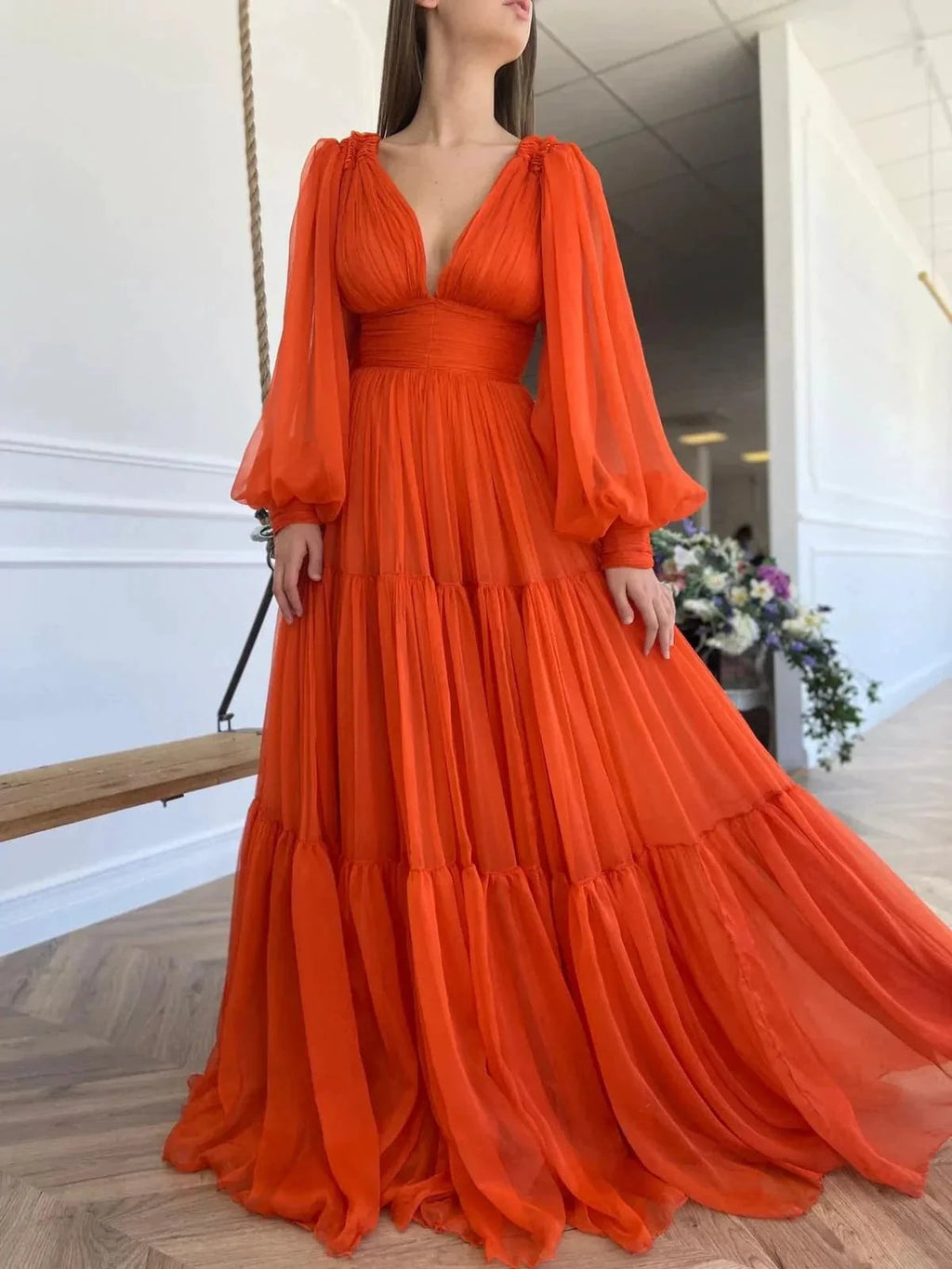 Long Prom Dress Puffy Sleeve Formal Gowns SYP25 by vivymakudress