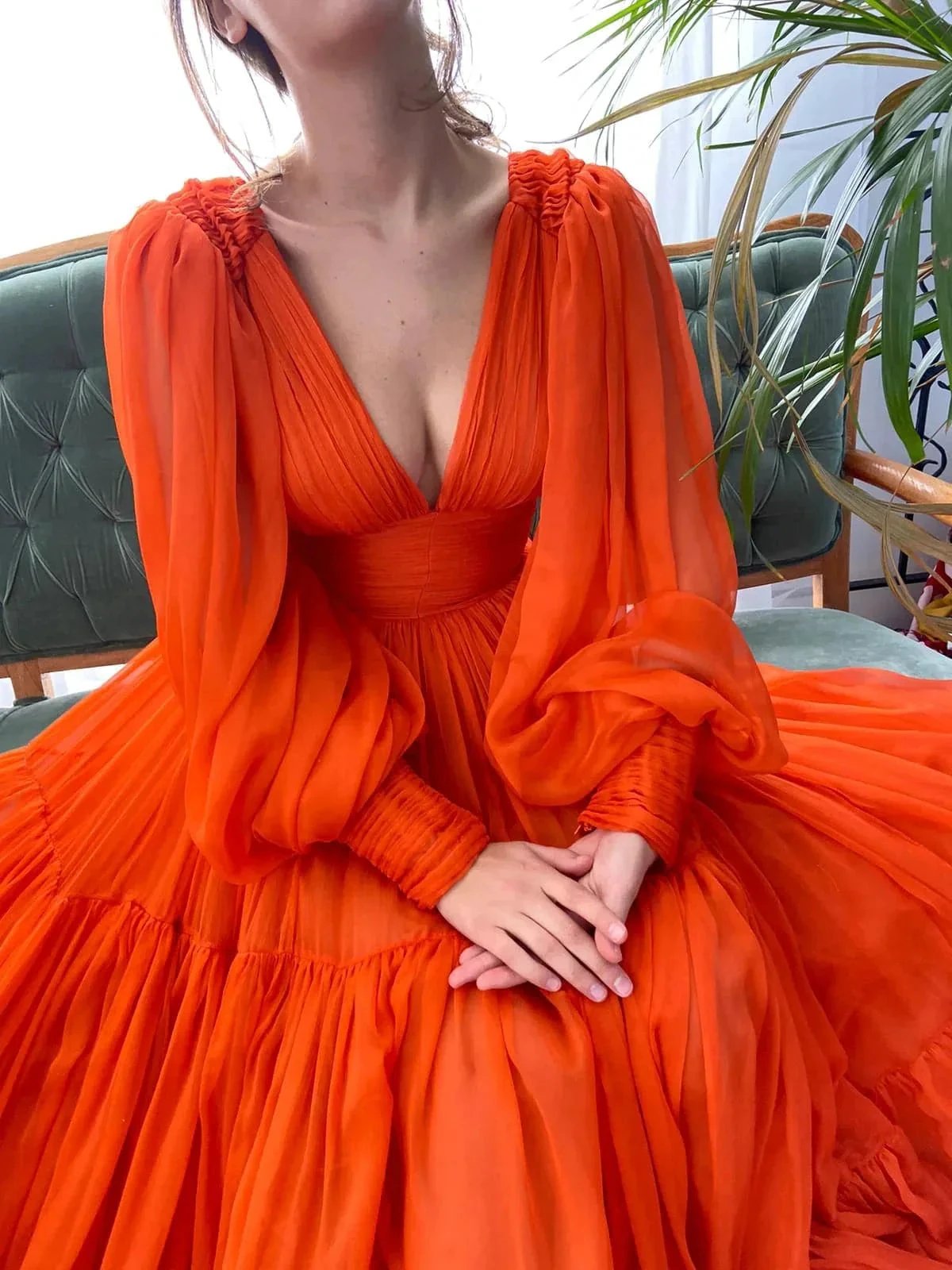 Long Prom Dress Puffy Sleeve Formal Gowns SYP25 by vivymakudress