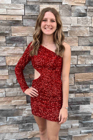 One Shoulder Purple Bodycon Sequin Homecoming Dress SYH34