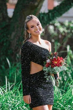 One Shoulder Purple Bodycon Sequin Homecoming Dress SYH34 by vivymakudress