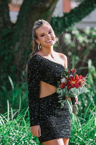 One Shoulder Purple Bodycon Sequin Homecoming Dress SYH34