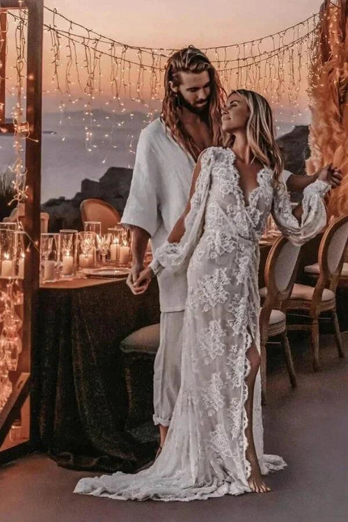 Long Sleeve V-neck Lace Appliques Boho Wedding Dress WD749 by pgmdress