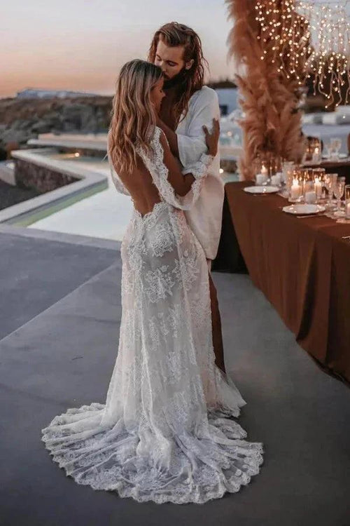 Long Sleeve V-neck Lace Appliques Boho Wedding Dress WD749 by pgmdress