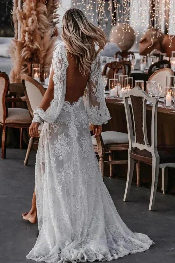 Long Sleeve V-neck Lace Appliques Boho Wedding Dress WD749 by pgmdress