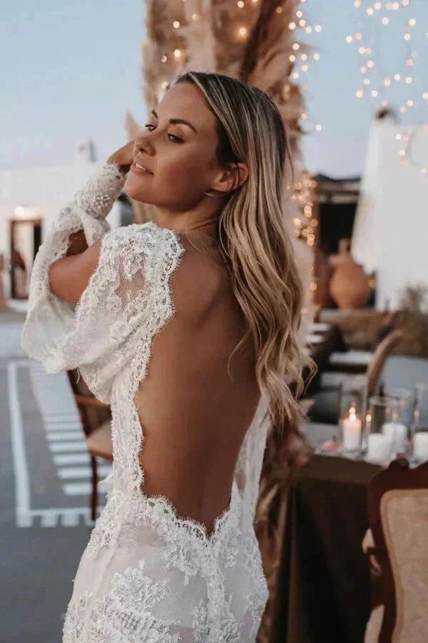 Long Sleeve V-neck Lace Appliques Boho Wedding Dress WD749 by pgmdress