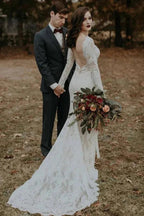 Long Sleeve Vintage Wedding Dress Backless Rustic Bridal Gown WD730 by pgmdress