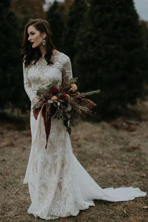 Long Sleeve Vintage Wedding Dress Backless Rustic Bridal Gown WD730 by pgmdress