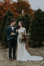 Long Sleeve Vintage Wedding Dress Backless Rustic Bridal Gown WD730 by pgmdress