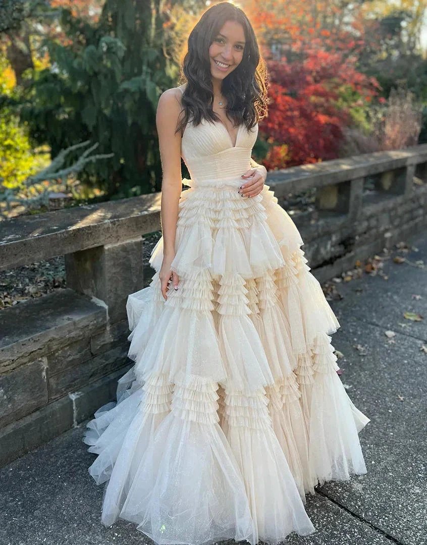 Tulle Formal Gown Layered Prom Dress with Sweep Train SYP156 by vivymakudress