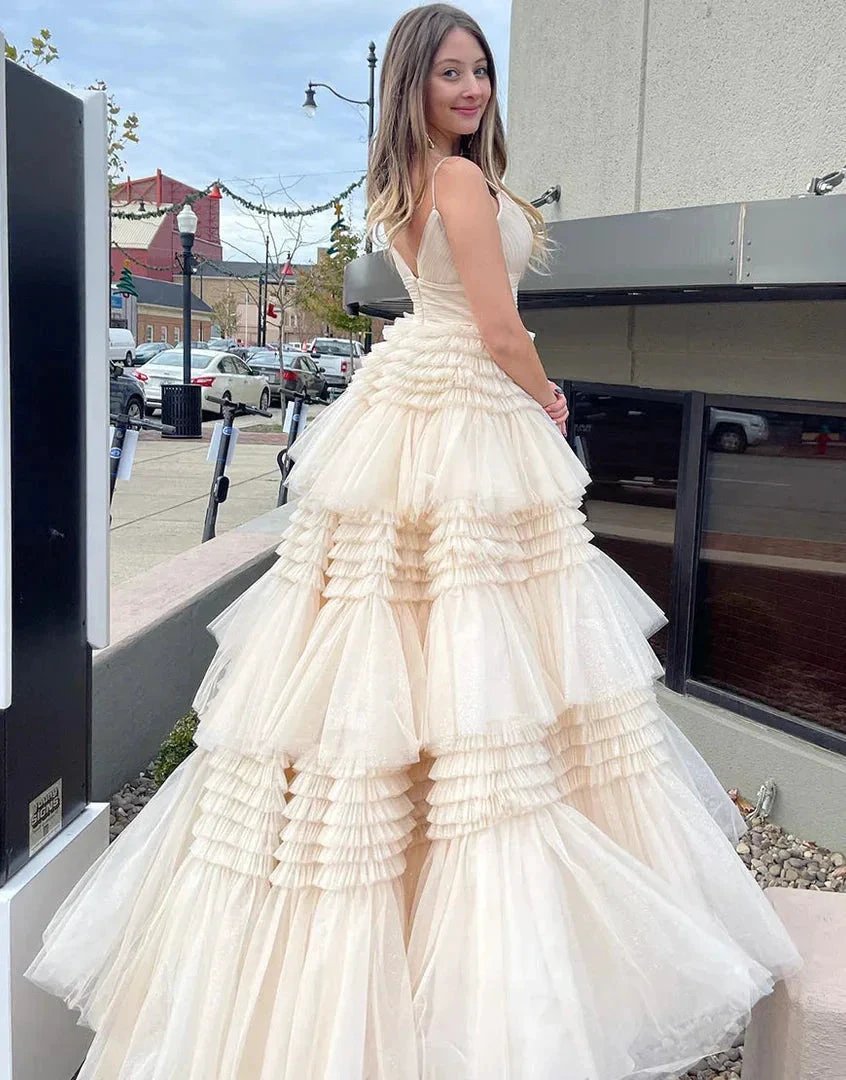 Tulle Formal Gown Layered Prom Dress with Sweep Train SYP156 by vivymakudress