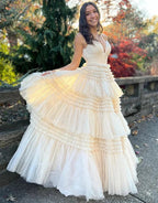 Tulle Formal Gown Layered Prom Dress with Sweep Train SYP156 by vivymakudress