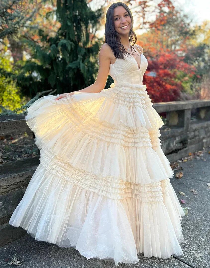 Tulle Formal Gown Layered Prom Dress with Sweep Train SYP156 by vivymakudress