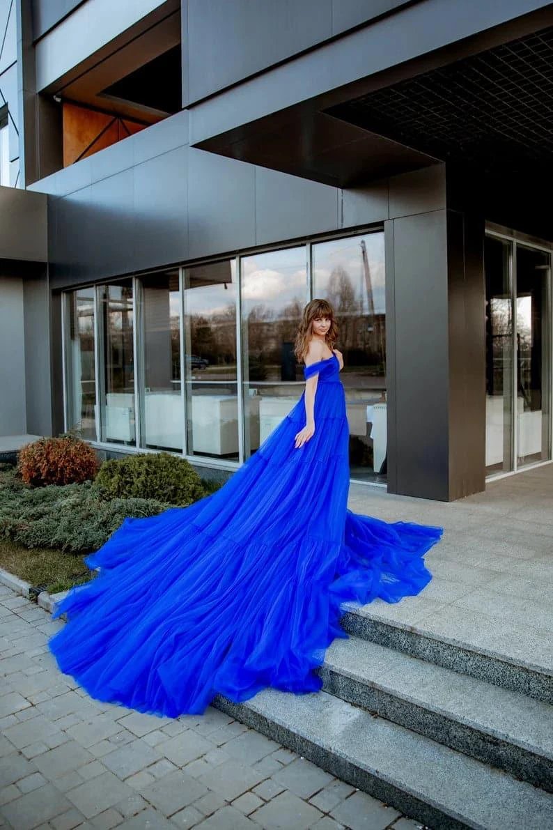 Royal blue long tulle dress with train SYP16 by vivymakudress