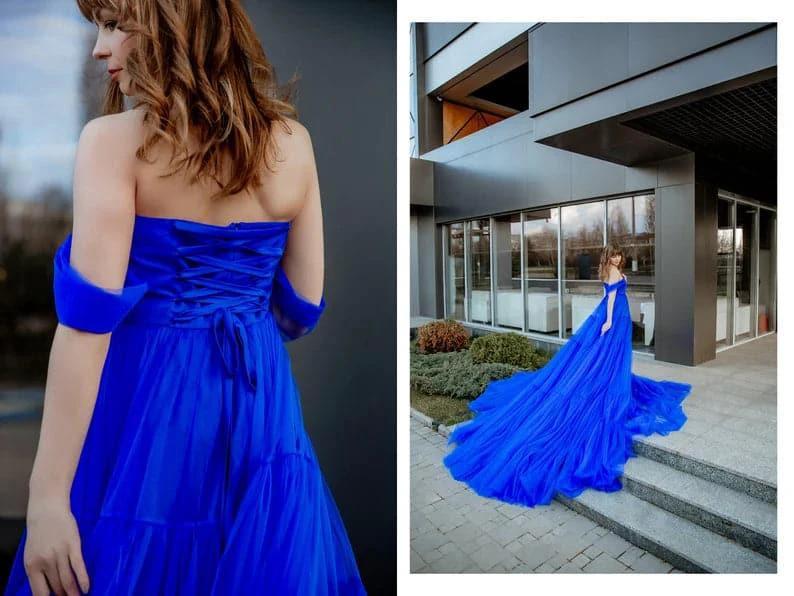 Royal blue long tulle dress with train SYP16 by vivymakudress