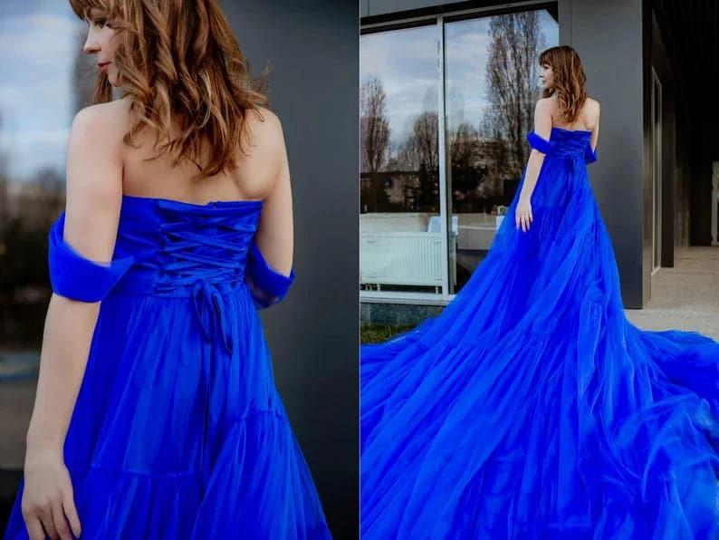 Royal blue long tulle dress with train SYP16 by vivymakudress