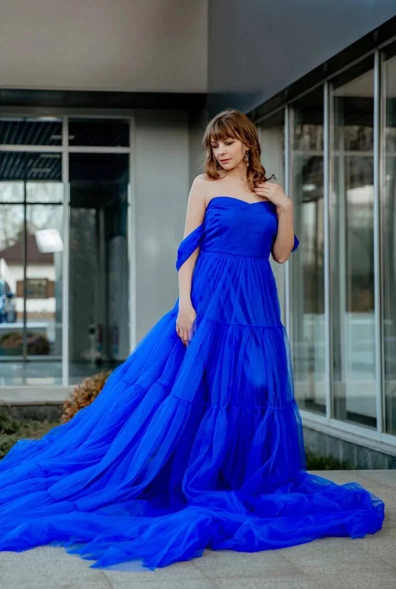 Royal blue long tulle dress with train SYP16 by vivymakudress