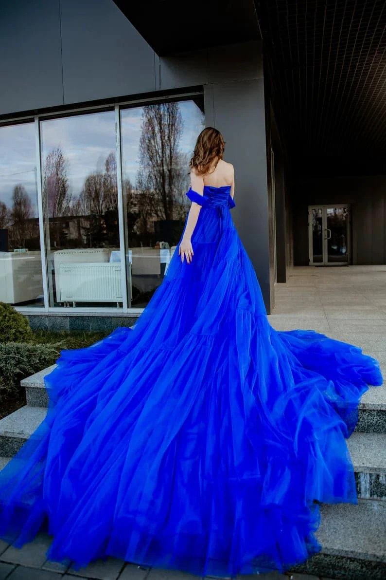 Royal blue long tulle dress with train SYP16 by vivymakudress