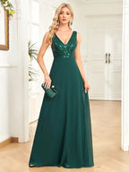 Elegant Sequrin Evening Dress 2025 Women Chiffon Long Formal Deep V-neck Green Caicktail Wedding Party Prom Dresses by Sunnderly