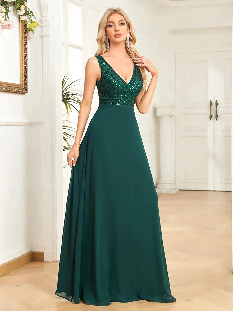 Elegant Sequrin Evening Dress 2025 Women Chiffon Long Formal Deep V-neck Green Caicktail Wedding Party Prom Dresses by Sunnderly