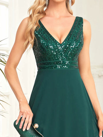 Elegantes Sequrin Abendkleid 2025 Frauen Chiffon Langes Formales Tiefes V-Ausschnitt Grün Caicktail Hochzeitsfeier Ballkleider 