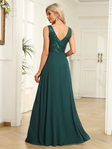 Elegantes Sequrin Abendkleid 2025 Frauen Chiffon Langes Formales Tiefes V-Ausschnitt Grün Caicktail Hochzeitsfeier Ballkleider 