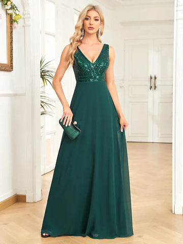 Elegantes Sequrin Abendkleid 2025 Frauen Chiffon Langes Formales Tiefes V-Ausschnitt Grün Caicktail Hochzeitsfeier Ballkleider 