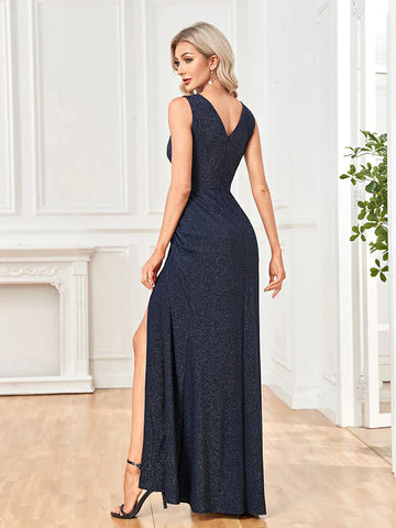 Elegantes glänzendes V-Ausschnitt Abendkleid 2025 Frauen Sexy Schlitz Maxikleid Blau Hochzeit Party Cocktail Prom Kleider 