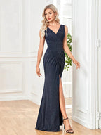 Elegant Shining V-neck Formal Evening Dress 2025 Women Sexy Slit Maxi Dress Blue Wedding Party Cocktail Prom Dresses by Sunnderly