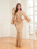 Luxury Champagne Evening Dresses For Women 2025 Long Sleeve Mermaid Formal Sequins V-neck Prom Wedding Party Gowns by Sunnderly