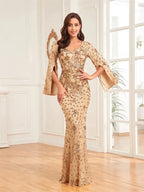 Luxury Champagne Evening Dresses For Women 2025 Long Sleeve Mermaid Formal Sequins V-neck Prom Wedding Party Gowns by Sunnderly