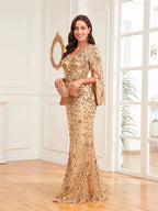 Luxury Champagne Evening Dresses For Women 2025 Long Sleeve Mermaid Formal Sequins V-neck Prom Wedding Party Gowns by Sunnderly