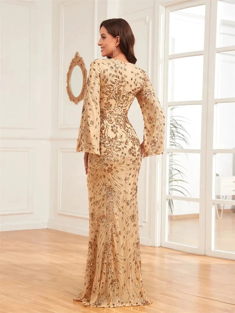 Luxury Champagne Evening Dresses For Women 2025 Long Sleeve Mermaid Formal Sequins V-neck Prom Wedding Party Gowns by Sunnderly