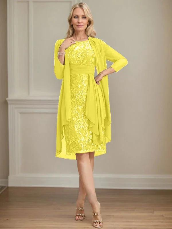 Sheath/Column Scoop Illusion Knee-Length Lace Chiffon Mother of the Bride Dress With Cascading Ruffles Sequins by Dreamylily