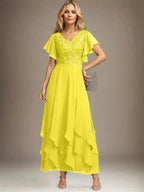 A-line V-Neck Ankle-Length Lace Chiffon Mother of the Bride Dress With Cascading Ruffles by Dreamylily