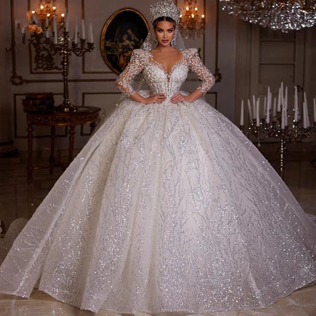 Luxurious Ball Gown Sparkly Wedding Dresses 2023 V Neck Long Sleeve Robe De Mariee Lace Beaded Princess Glitter Vestido De Novia Hover Image