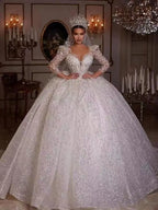 Luxurious Ball Gown Sparkly Wedding Dresses 2023 V Neck Long Sleeve Robe De Mariee Lace Beaded Princess Glitter Vestido De Novia