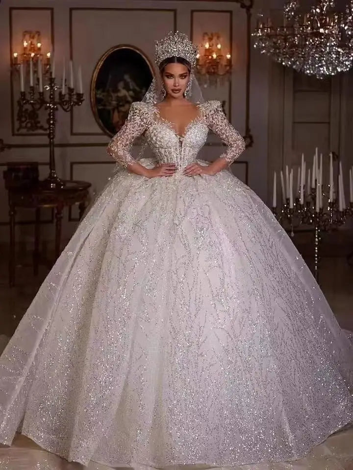 Luxurious Ball Gown Sparkly Wedding Dresses 2023 V Neck Long Sleeve Robe De Mariee Lace Beaded Princess Glitter Vestido De Novia