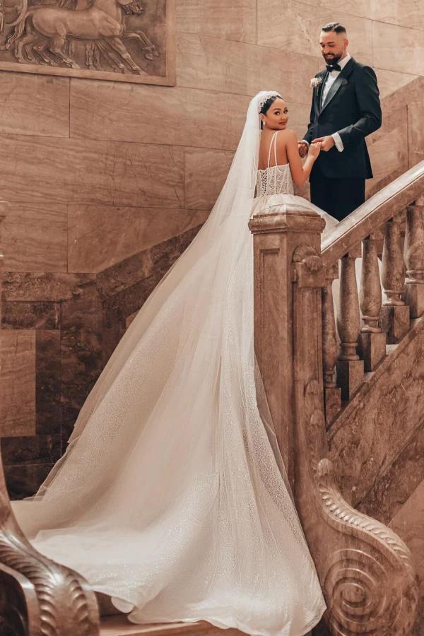 Luxurious Long A-line Lace Spaghetti Straps Wedding Dresses With Glitter by misshow.com