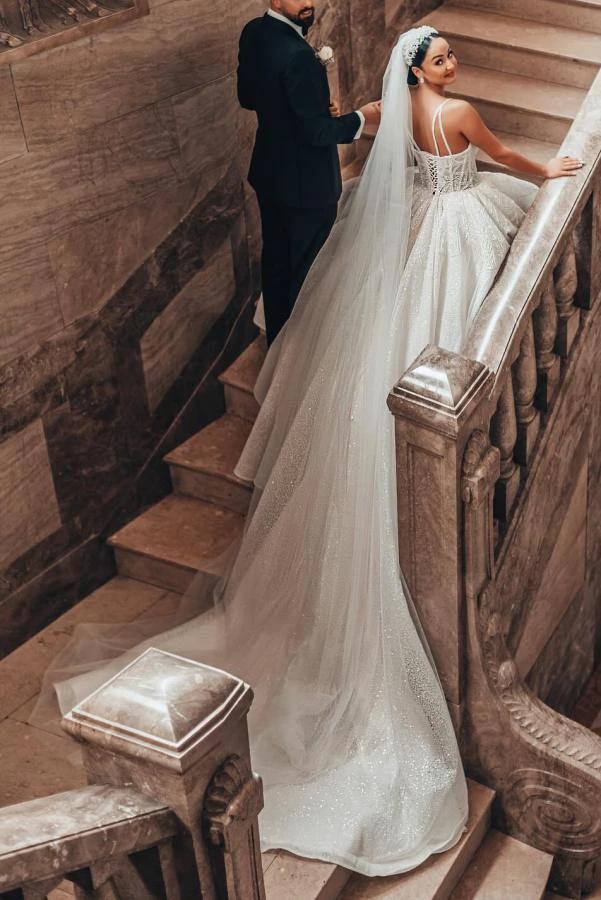 Luxurious Long A-line Lace Spaghetti Straps Wedding Dresses With Glitter by misshow.com