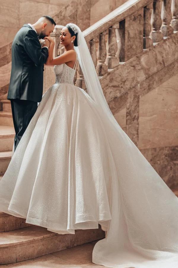 Luxurious Long A-line Lace Spaghetti Straps Wedding Dresses With Glitter by misshow.com