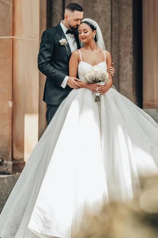 Luxurious Long A-line Lace Spaghetti Straps Wedding Dresses With Glitter by misshow.com