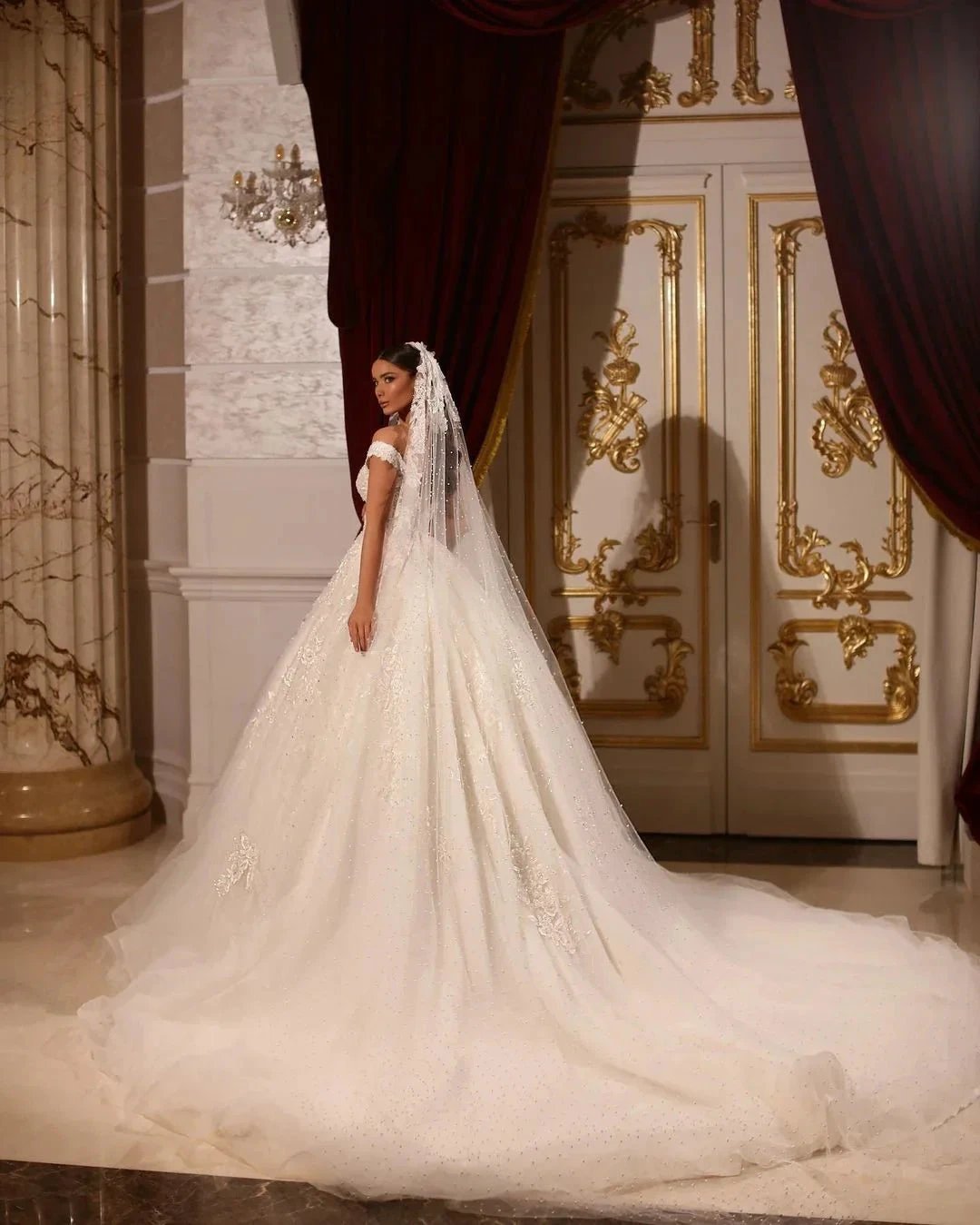 Luxurious Long A-line Off-the-shoulder Lace Beading Wedding Dress by misshow.com