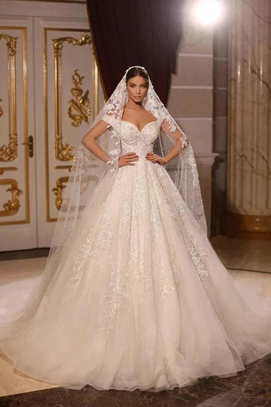 Luxurious Long A-line Off-the-shoulder Lace Beading Wedding Dress by misshow.com